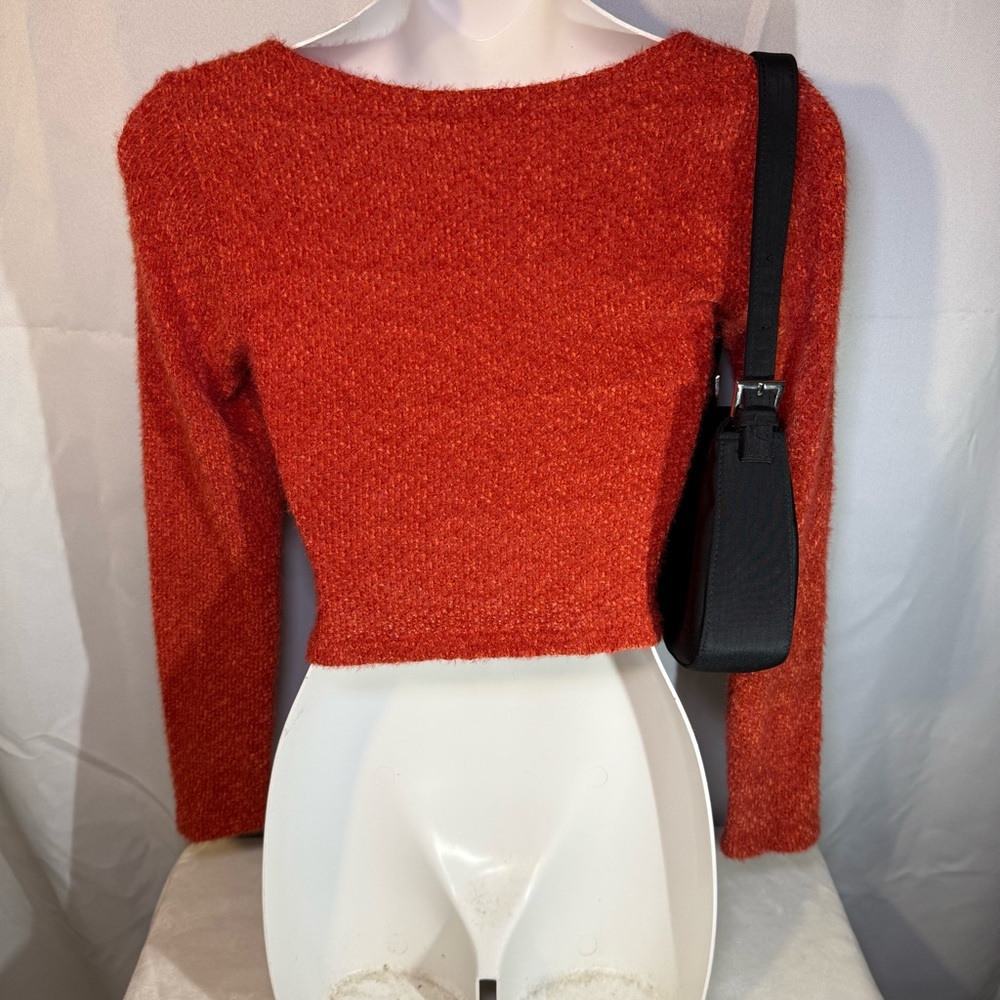 Altar'd State Fuzzy Knit Ruched Tie Front Crop Top XS Rust Long Sleeve Boho - Picture 3 of 7